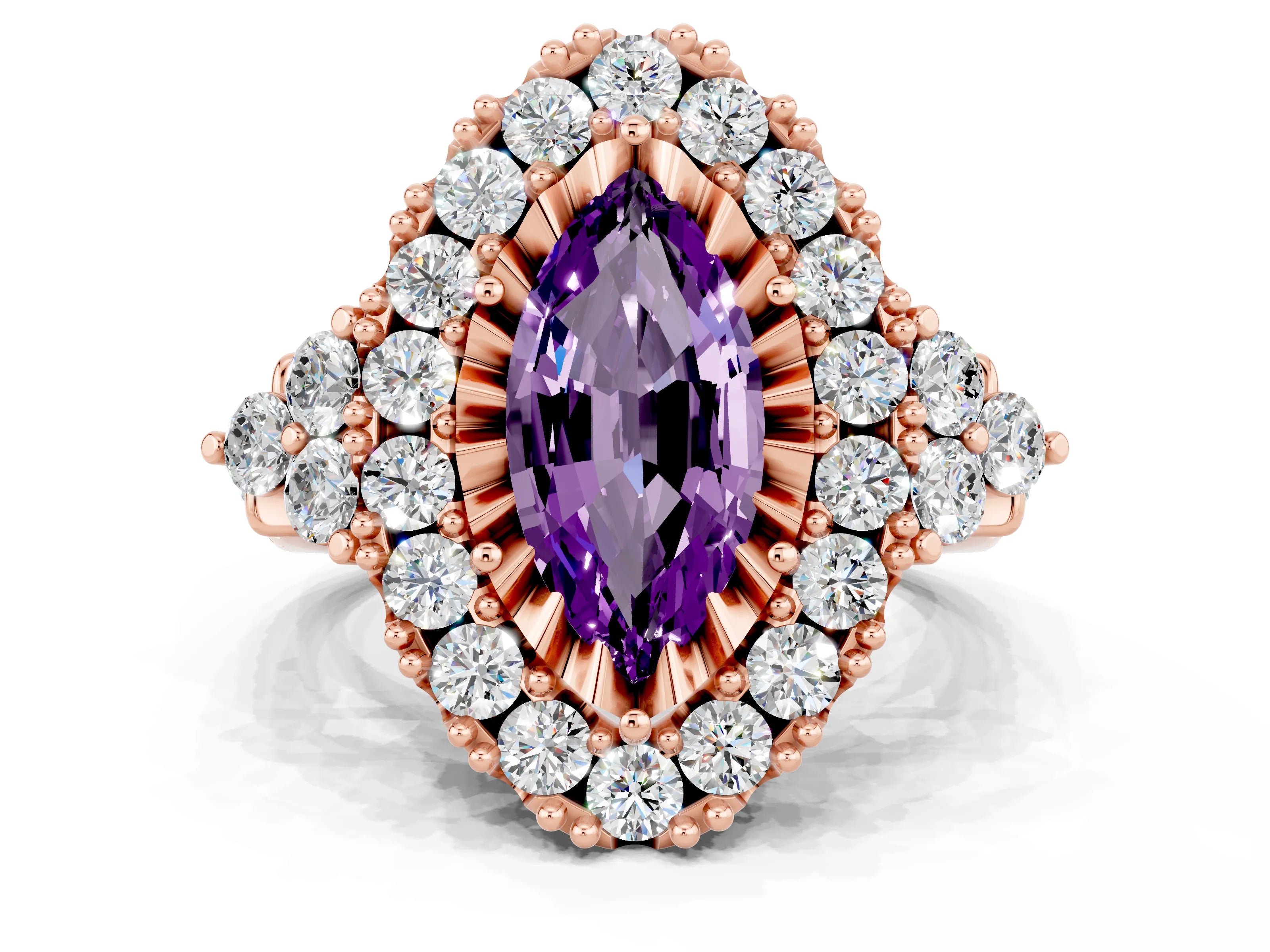 Rose gold Marquise Cut Amethyst Halo Ring with Pavé Band and Four-Prong Setting_12