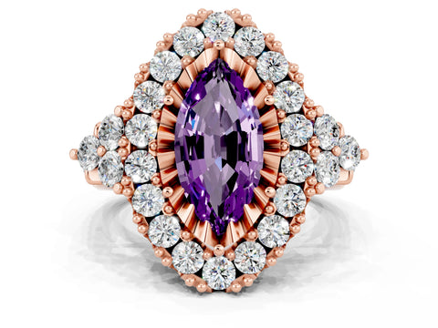 Rose gold Marquise Cut Amethyst Halo Ring with Pavé Band and Four-Prong Setting_12