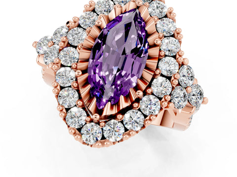 Rose gold Marquise Cut Amethyst Halo Ring with Pavé Band and Four-Prong Setting_13