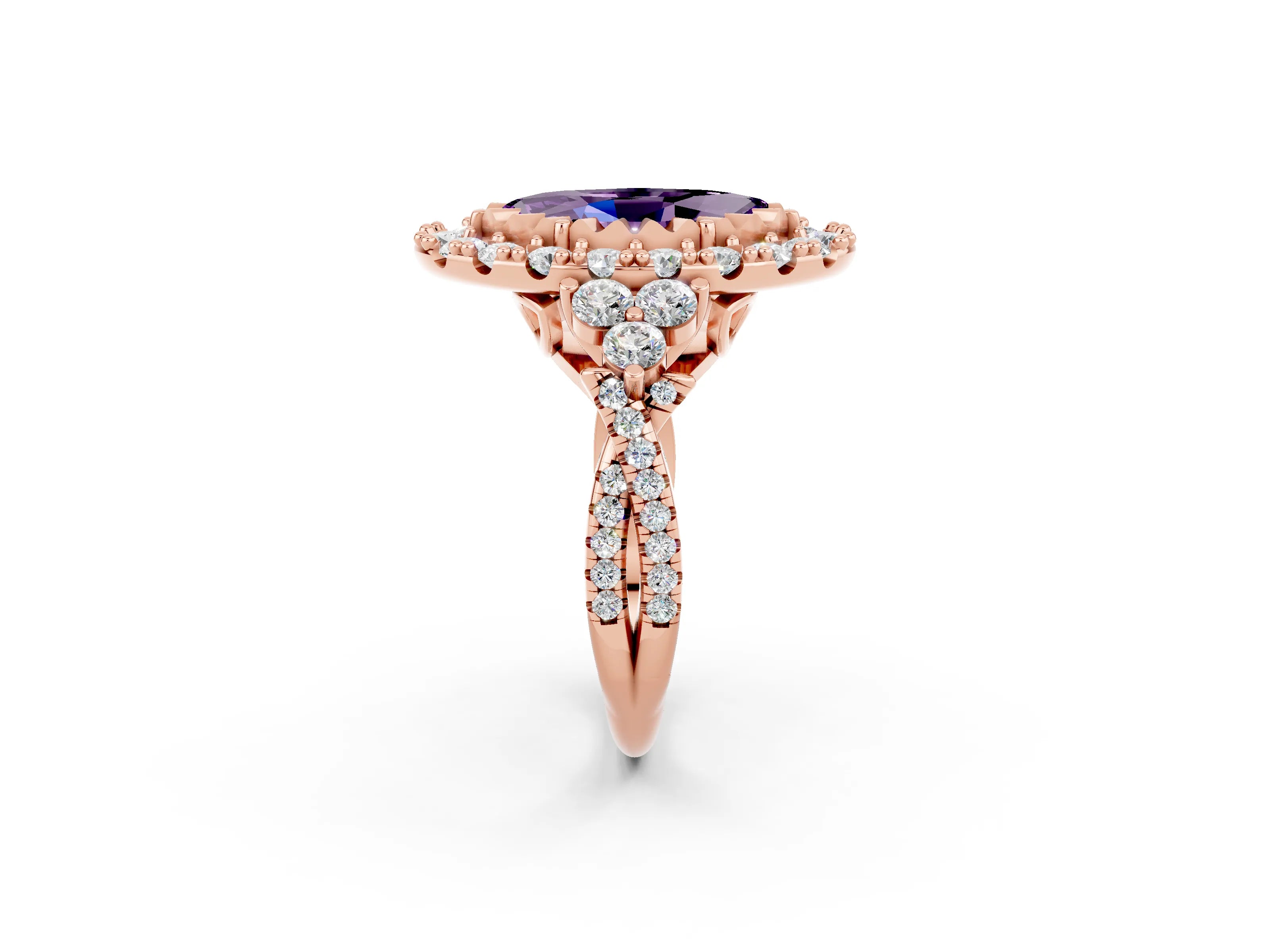 Rose gold Marquise Cut Amethyst Halo Ring with Pavé Band and Four-Prong Setting_14