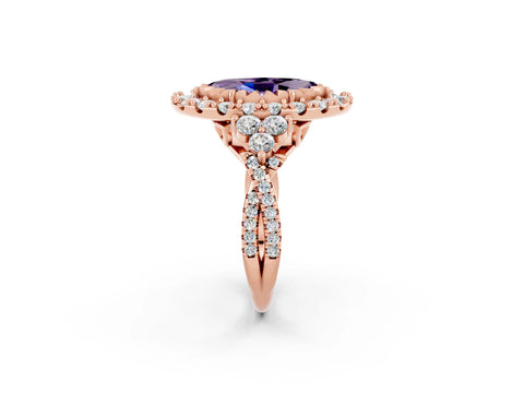 Rose gold Marquise Cut Amethyst Halo Ring with Pavé Band and Four-Prong Setting_14