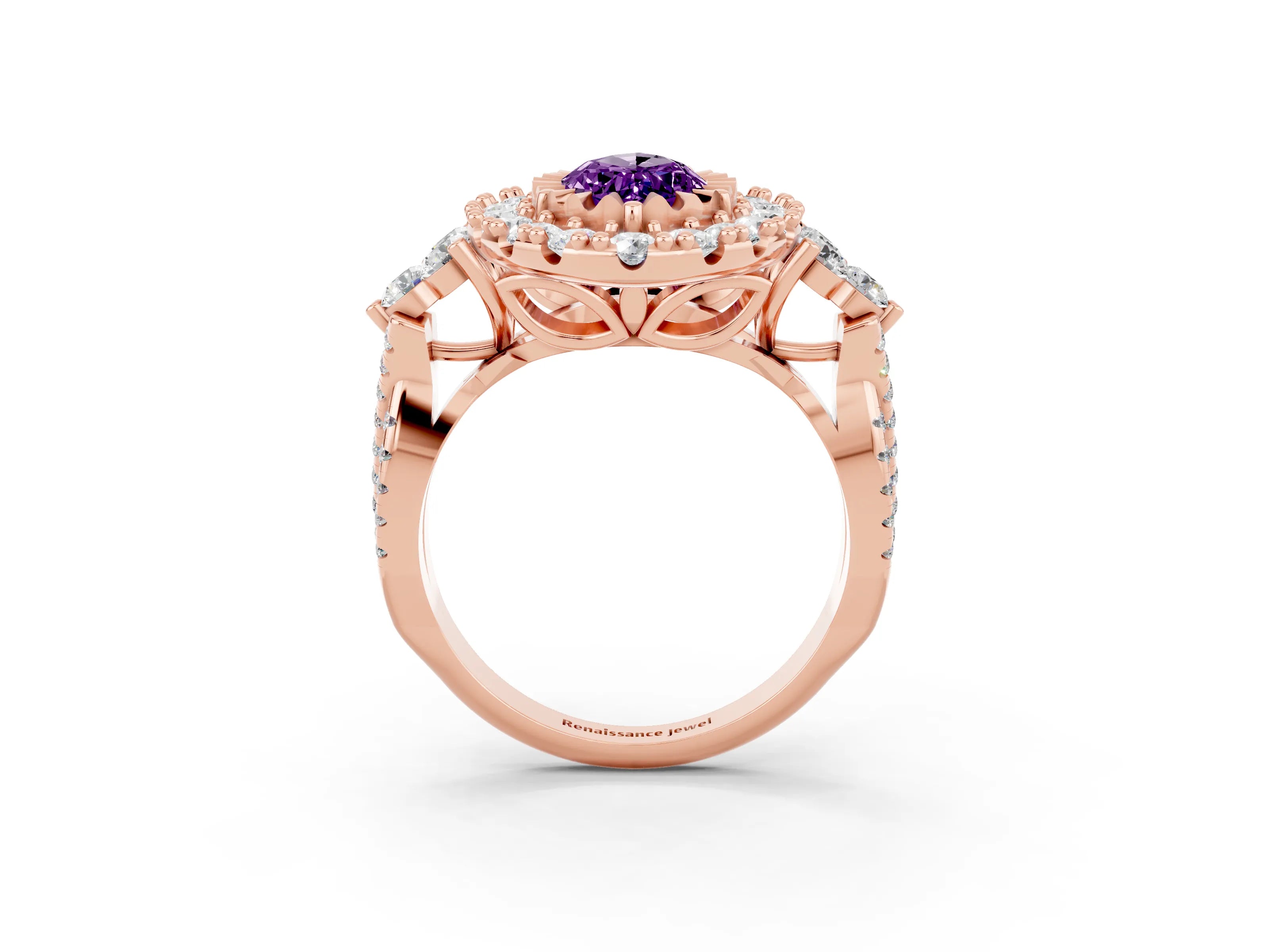 Rose gold Marquise Cut Amethyst Halo Ring with Pavé Band and Four-Prong Setting_15