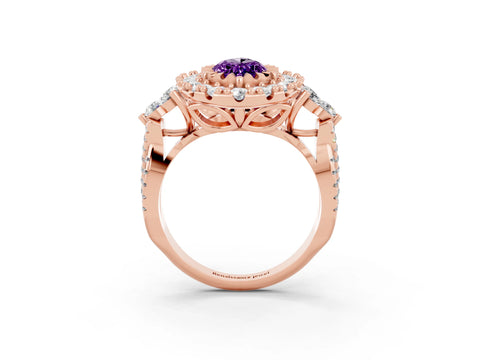 Rose gold Marquise Cut Amethyst Halo Ring with Pavé Band and Four-Prong Setting_15
