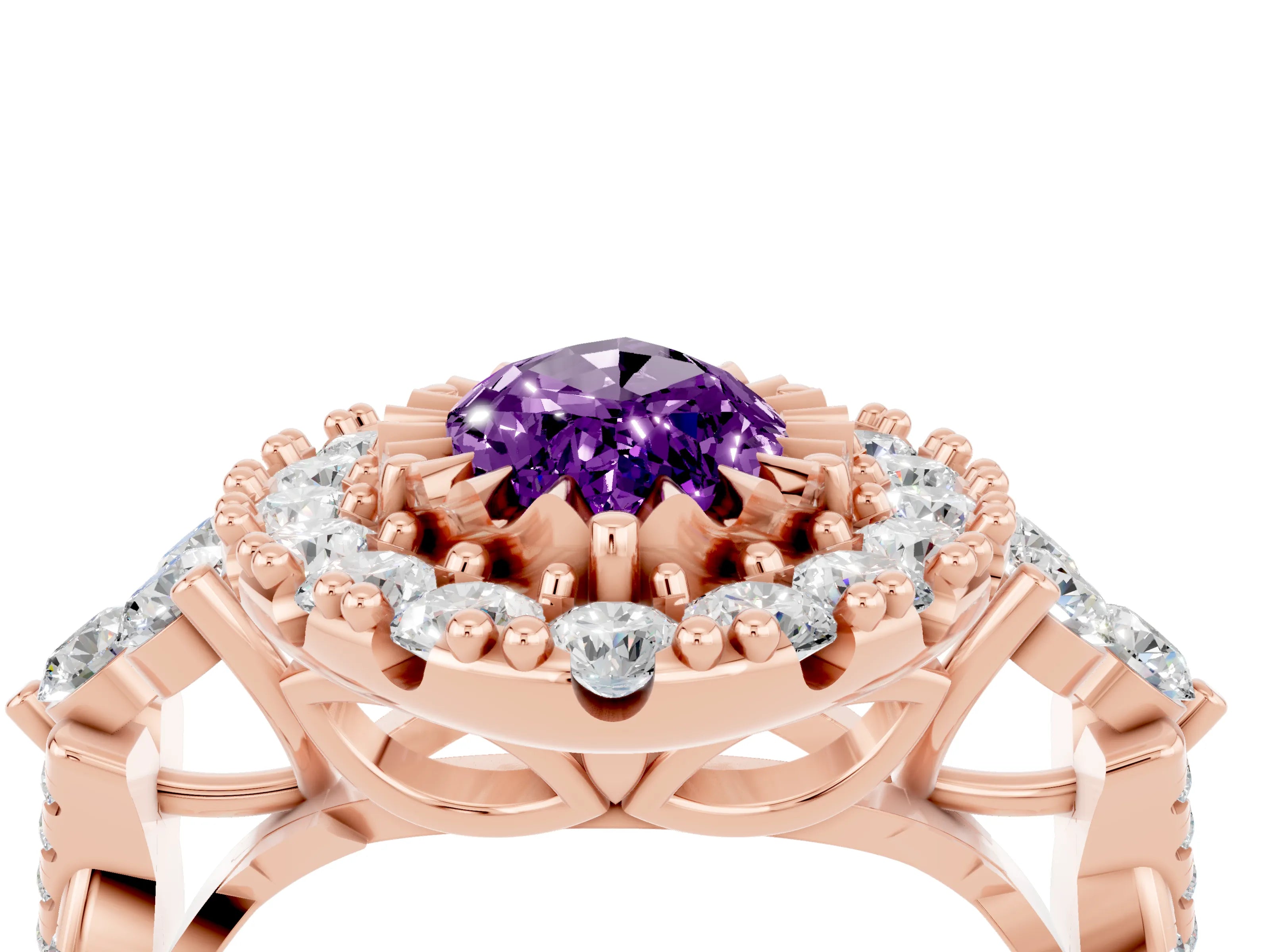 Rose gold Marquise Cut Amethyst Halo Ring with Pavé Band and Four-Prong Setting_16