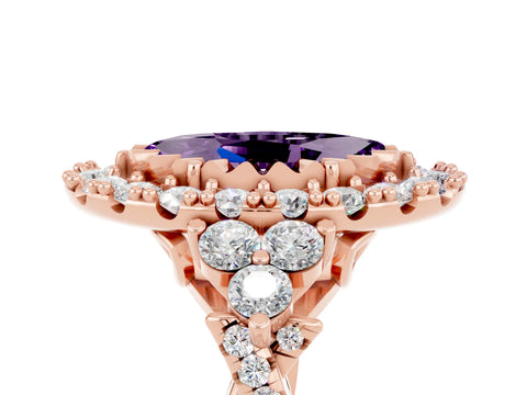 Rose gold Marquise Cut Amethyst Halo Ring with Pavé Band and Four-Prong Setting_17