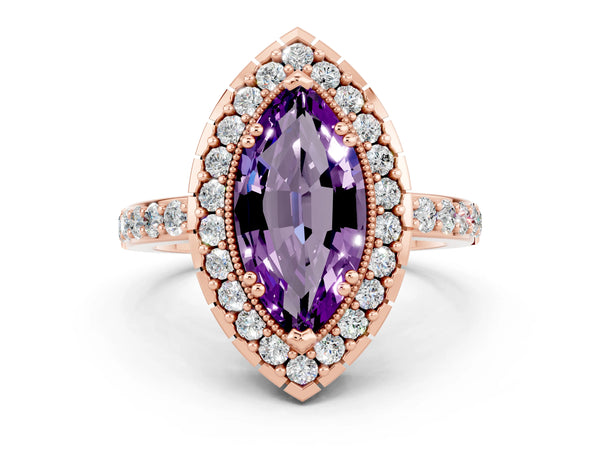 Rose gold Marquise Cut Amethyst Halo Ring with Pavé Band and Prong Setting