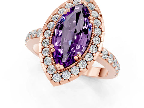 Rose gold Marquise Cut Amethyst Halo Ring with Pavé Band and Prong Setting_1