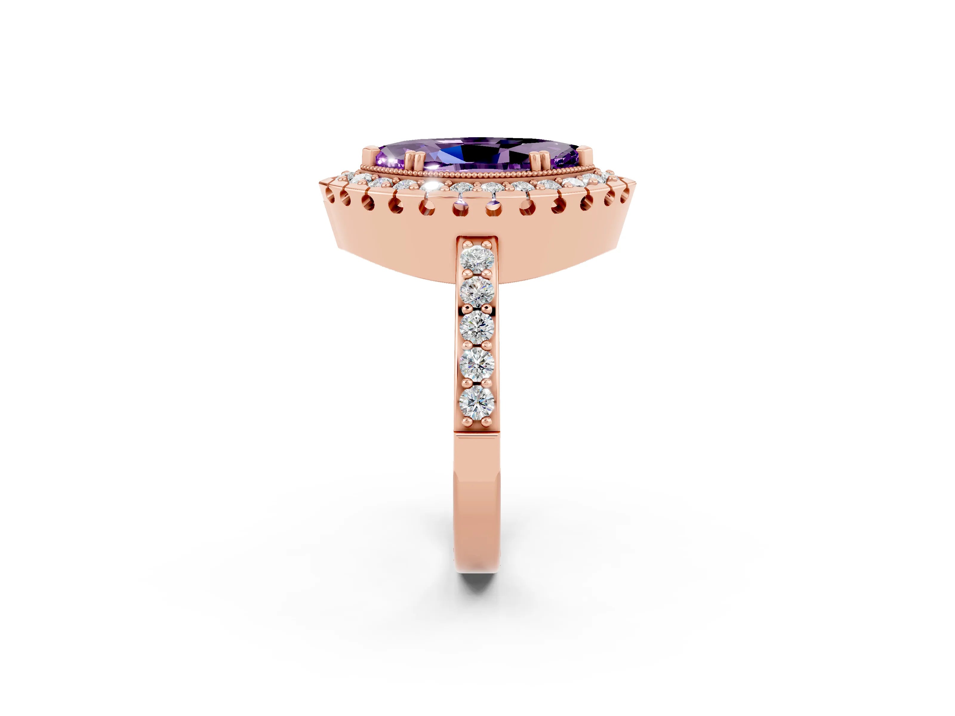 Rose gold Marquise Cut Amethyst Halo Ring with Pavé Band and Prong Setting_2