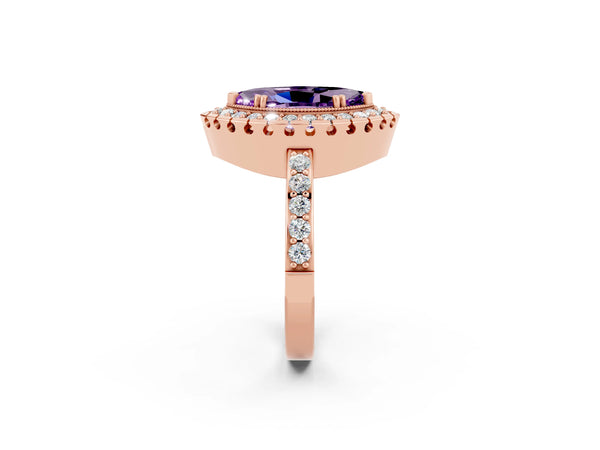 Rose gold Marquise Cut Amethyst Halo Ring with Pavé Band and Prong Setting