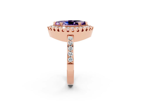 Rose gold Marquise Cut Amethyst Halo Ring with Pavé Band and Prong Setting_2