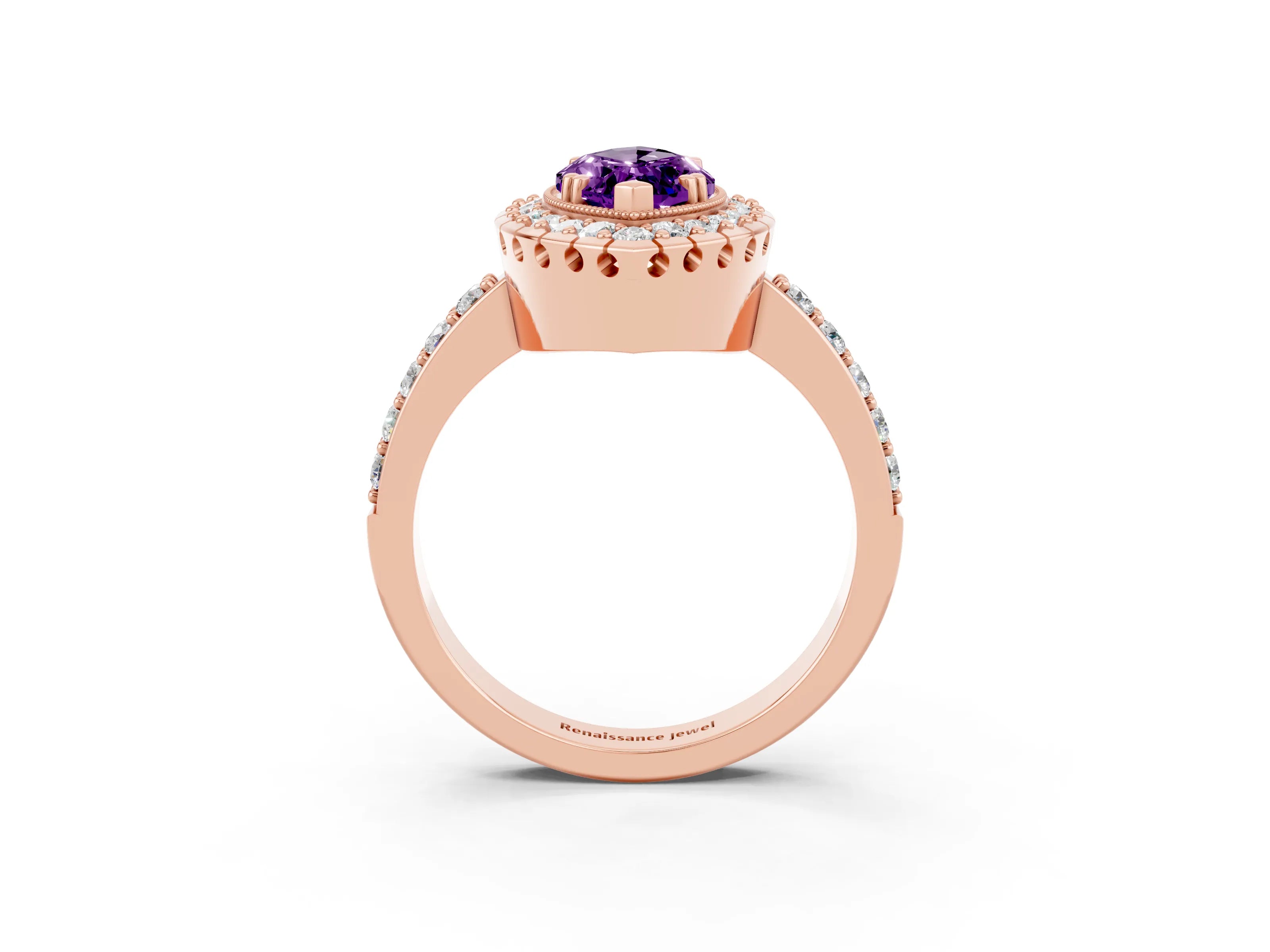 Rose gold Marquise Cut Amethyst Halo Ring with Pavé Band and Prong Setting_3