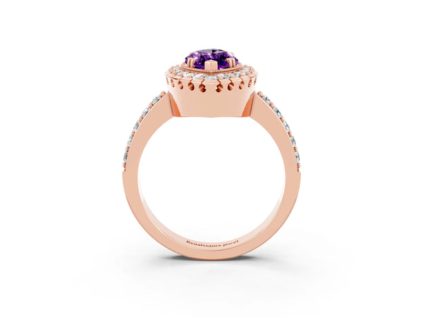 Rose gold Marquise Cut Amethyst Halo Ring with Pavé Band and Prong Setting