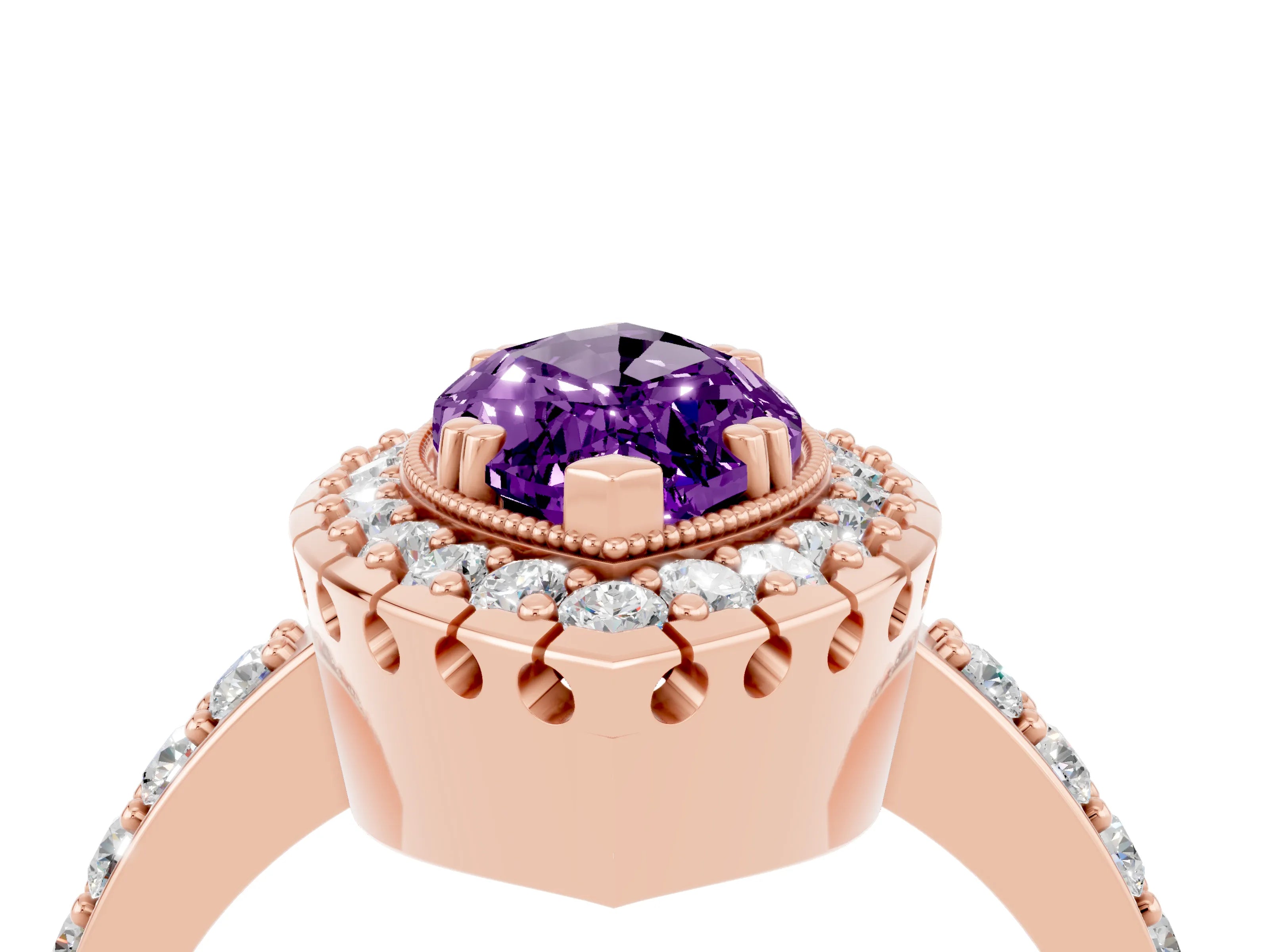Rose gold Marquise Cut Amethyst Halo Ring with Pavé Band and Prong Setting_4