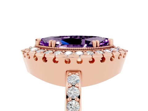 Rose gold Marquise Cut Amethyst Halo Ring with Pavé Band and Prong Setting_5