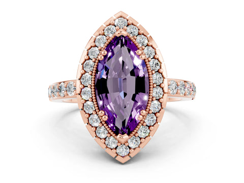 Rose gold Marquise Cut Amethyst Halo Ring with Pavé Band and Prong Setting