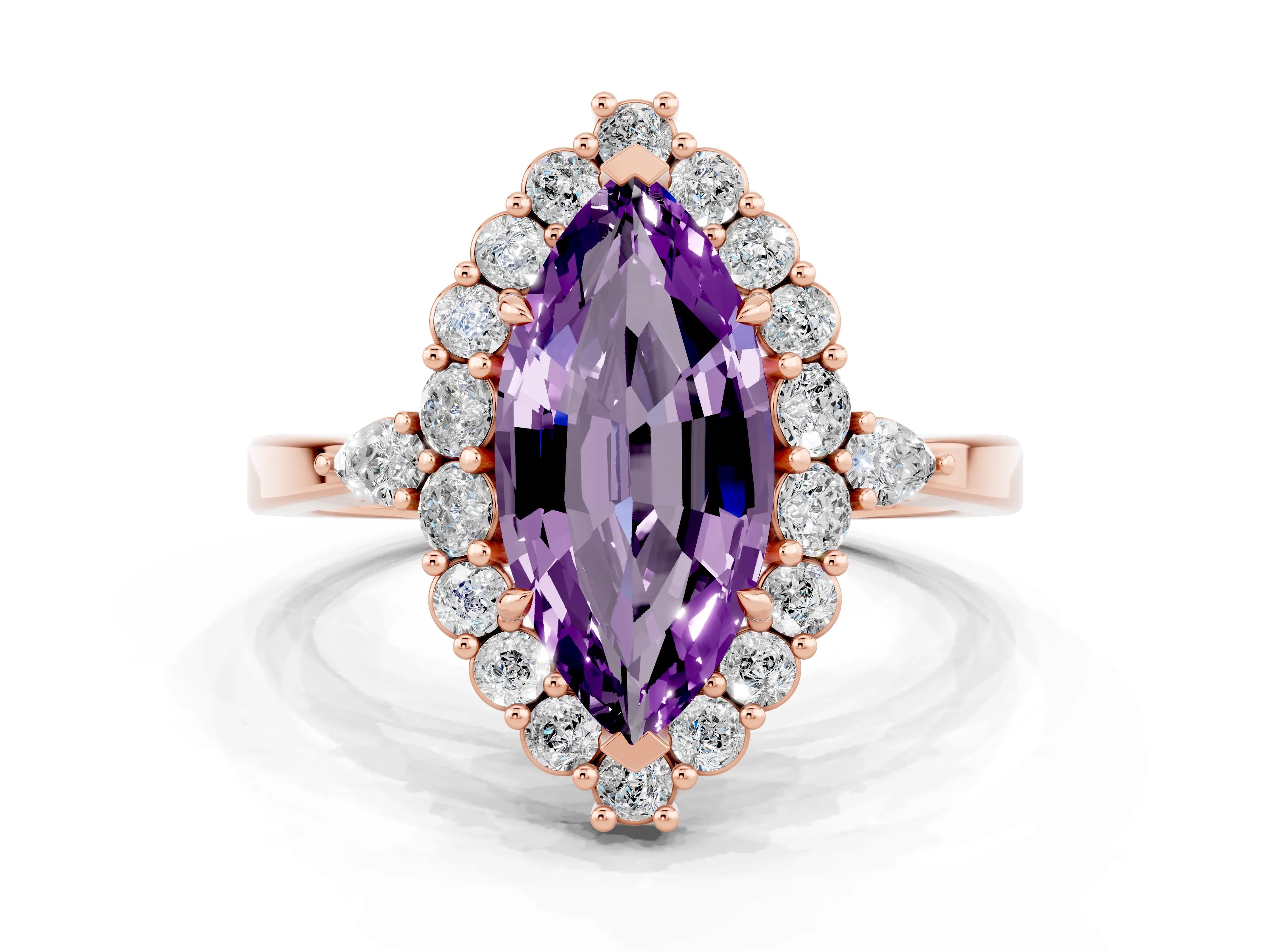 Rose gold Marquise Cut Amethyst Halo Ring with Pear Side Stones and Prong Setting_12