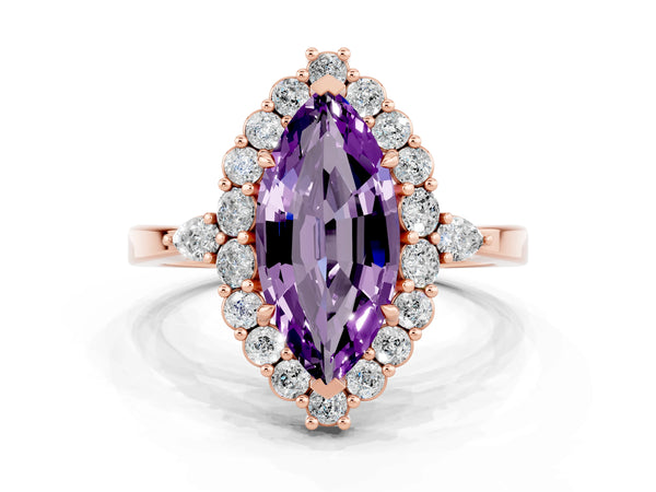 Rose gold Marquise Cut Amethyst Halo Ring with Pear Side Stones and Prong Setting