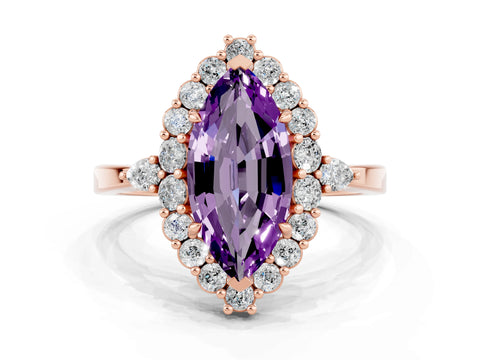 Rose gold Marquise Cut Amethyst Halo Ring with Pear Side Stones and Prong Setting_12