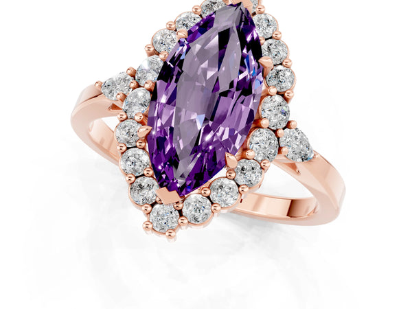 Rose gold Marquise Cut Amethyst Halo Ring with Pear Side Stones and Prong Setting