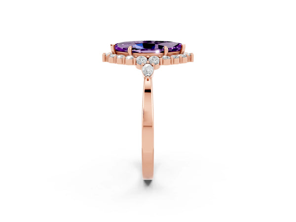 Rose gold Marquise Cut Amethyst Halo Ring with Pear Side Stones and Prong Setting