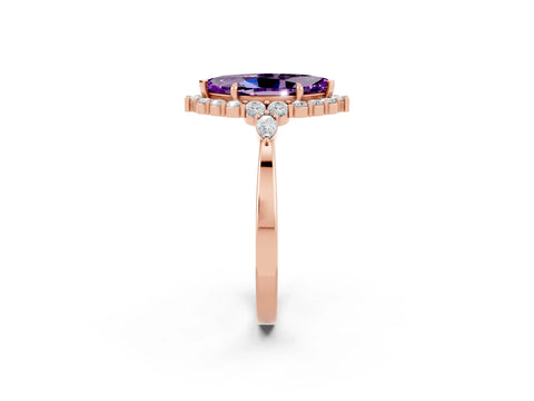 Rose gold Marquise Cut Amethyst Halo Ring with Pear Side Stones and Prong Setting_14