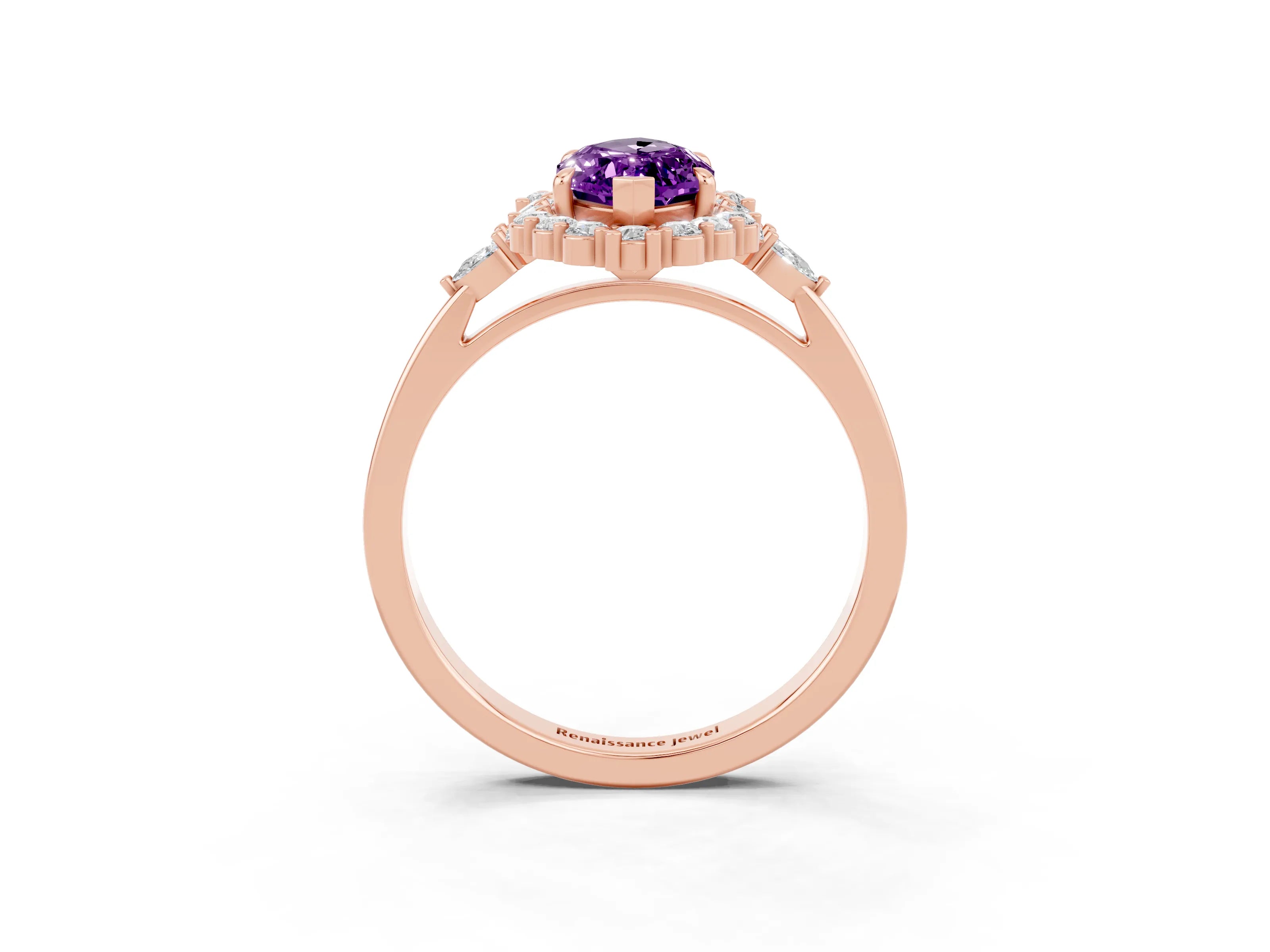 Rose gold Marquise Cut Amethyst Halo Ring with Pear Side Stones and Prong Setting_15