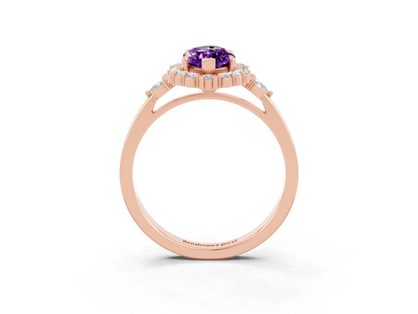 Rose gold Marquise Cut Amethyst Halo Ring with Pear Side Stones and Prong Setting