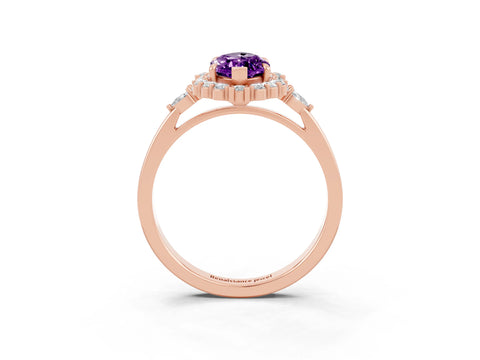 Rose gold Marquise Cut Amethyst Halo Ring with Pear Side Stones and Prong Setting_15