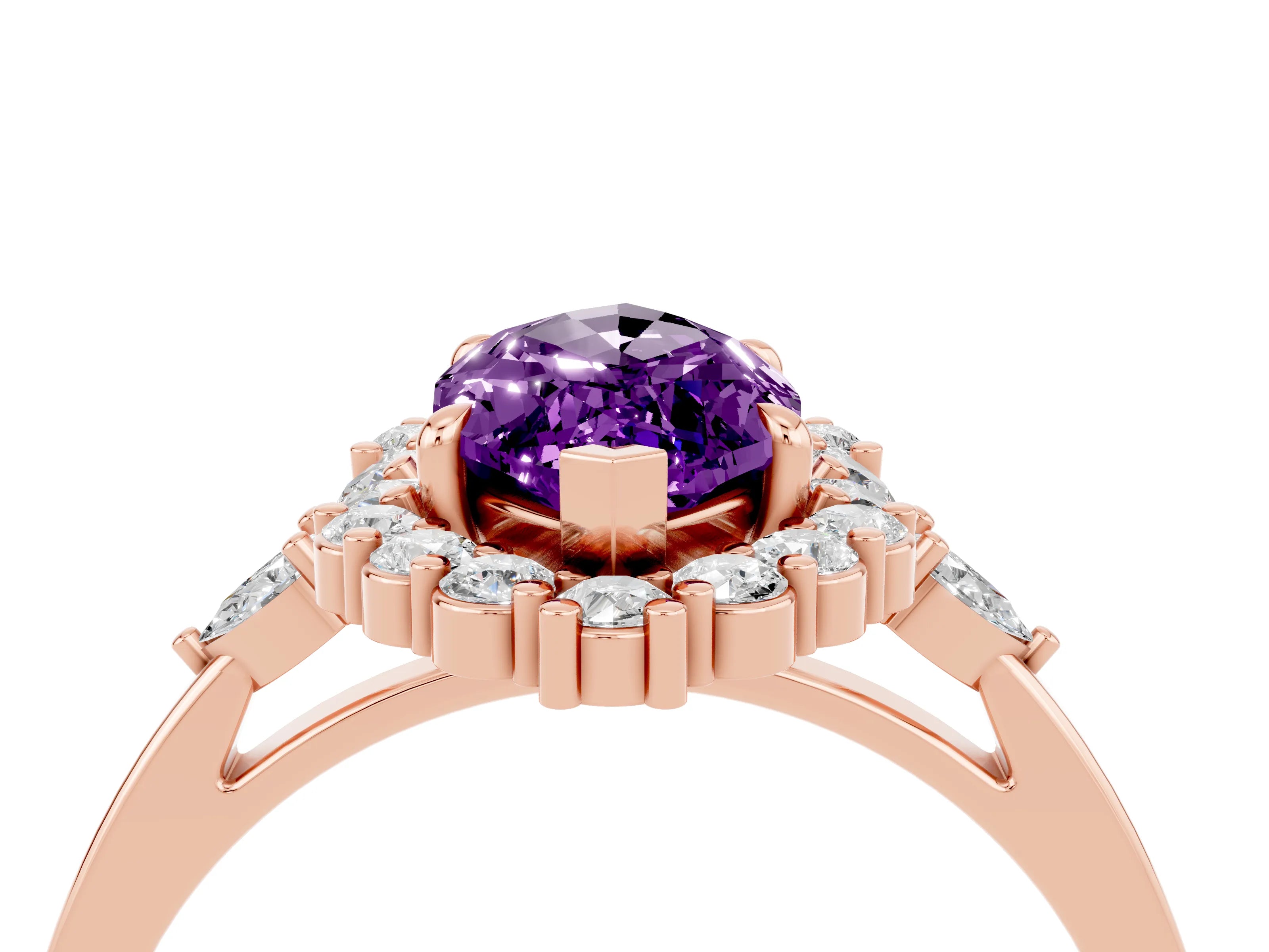 Rose gold Marquise Cut Amethyst Halo Ring with Pear Side Stones and Prong Setting_16