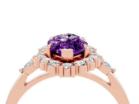 Rose gold Marquise Cut Amethyst Halo Ring with Pear Side Stones and Prong Setting_16