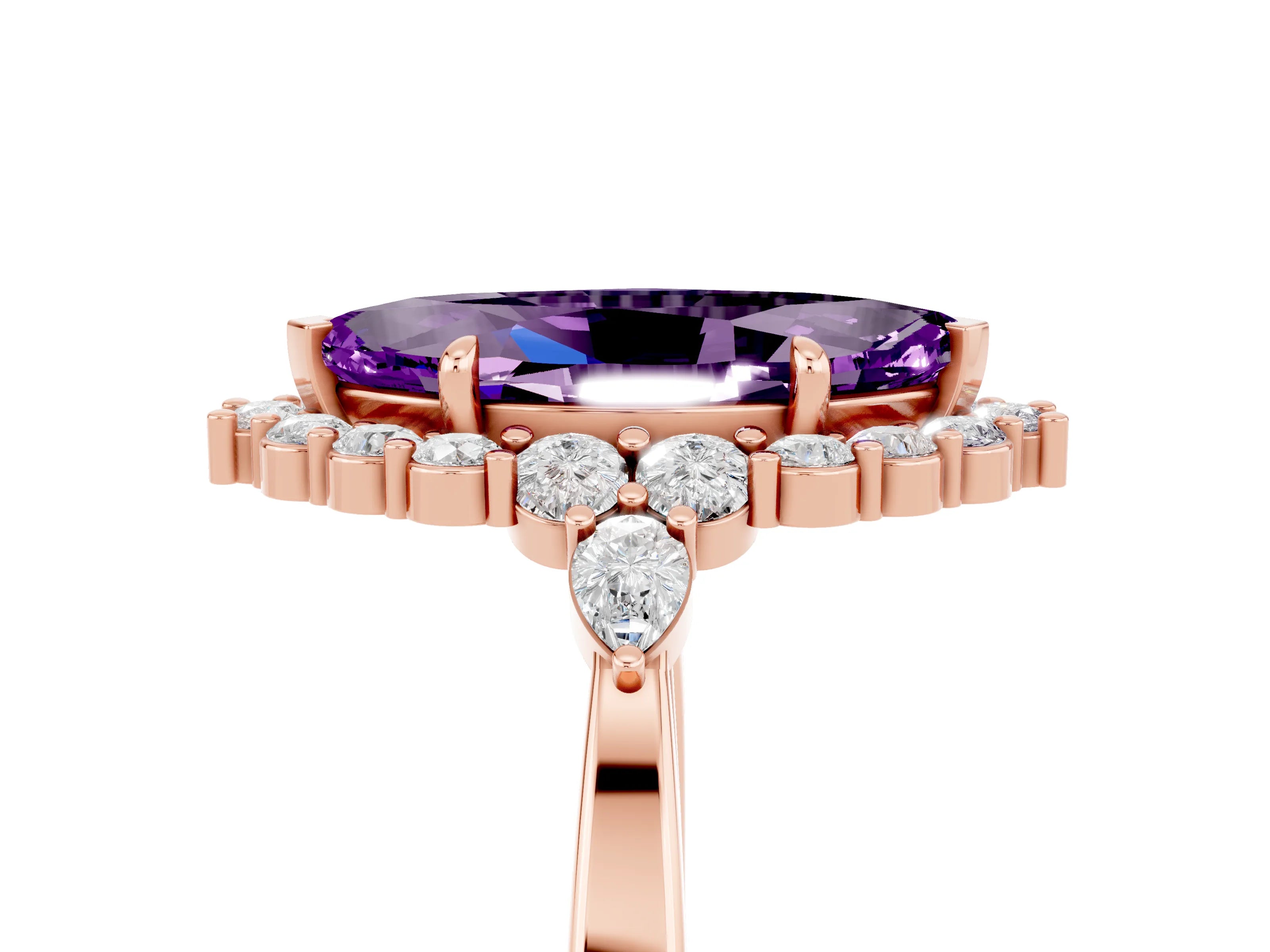 Rose gold Marquise Cut Amethyst Halo Ring with Pear Side Stones and Prong Setting_17