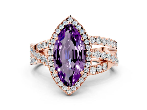 Rose gold Marquise Cut Amethyst Halo Ring with Round Split Shank and Prong Setting