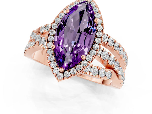 Rose gold Marquise Cut Amethyst Halo Ring with Round Split Shank and Prong Setting