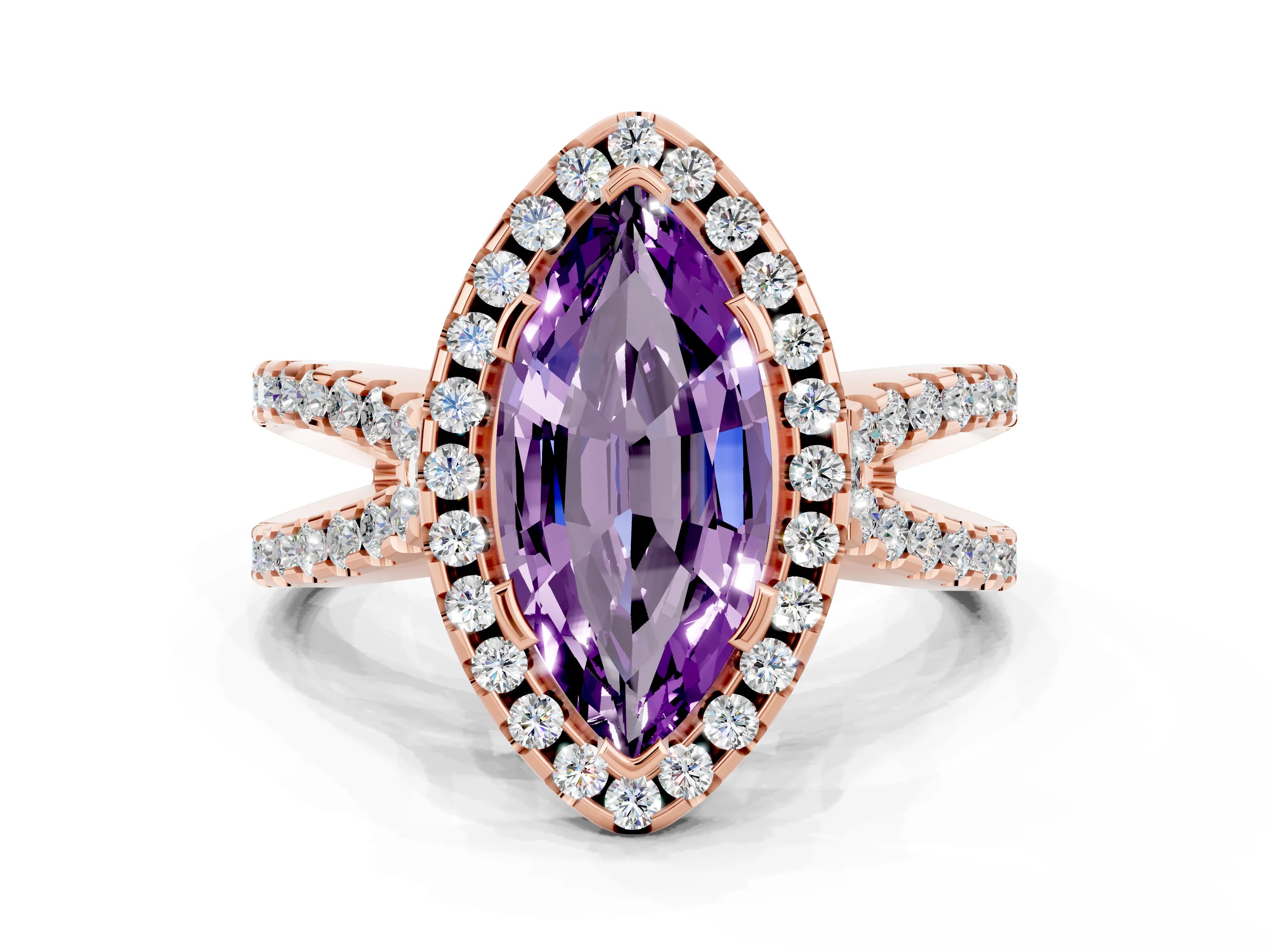 Rose gold Marquise Cut Amethyst Halo Ring with Split Shank Pavé Band and Prong Setting