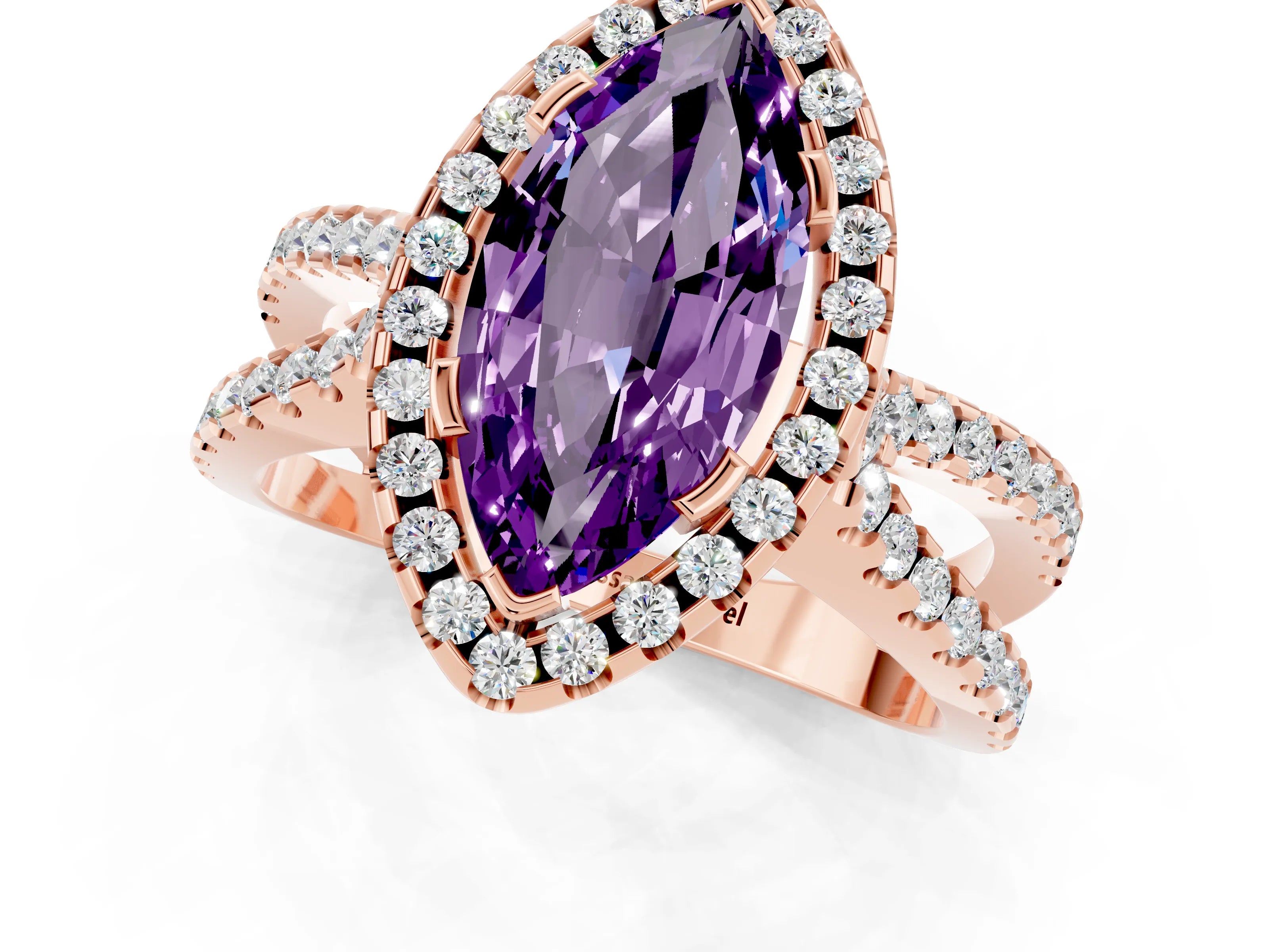 Rose gold Marquise Cut Amethyst Halo Ring with Split Shank Pavé Band and Prong Setting_1