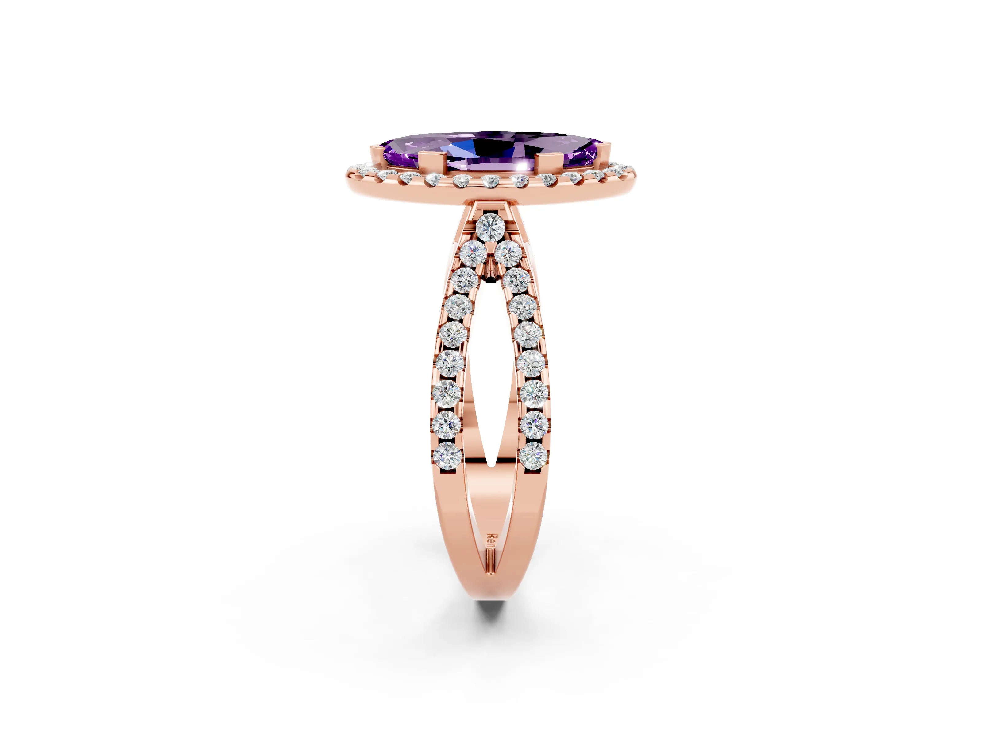 Rose gold Marquise Cut Amethyst Halo Ring with Split Shank Pavé Band and Prong Setting_2