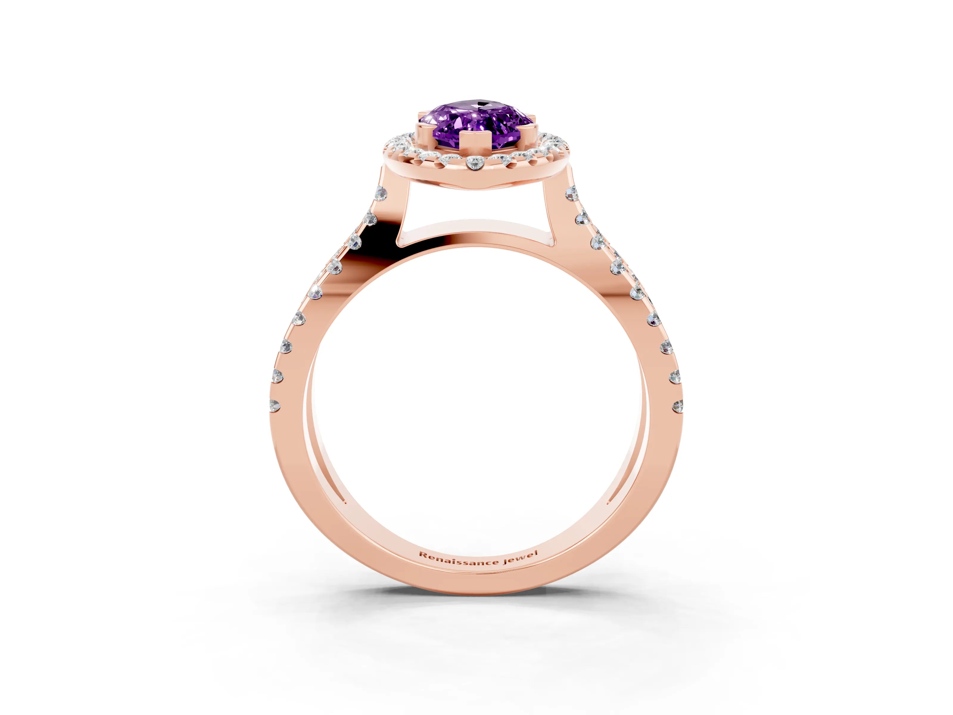 Rose gold Marquise Cut Amethyst Halo Ring with Split Shank Pavé Band and Prong Setting_3