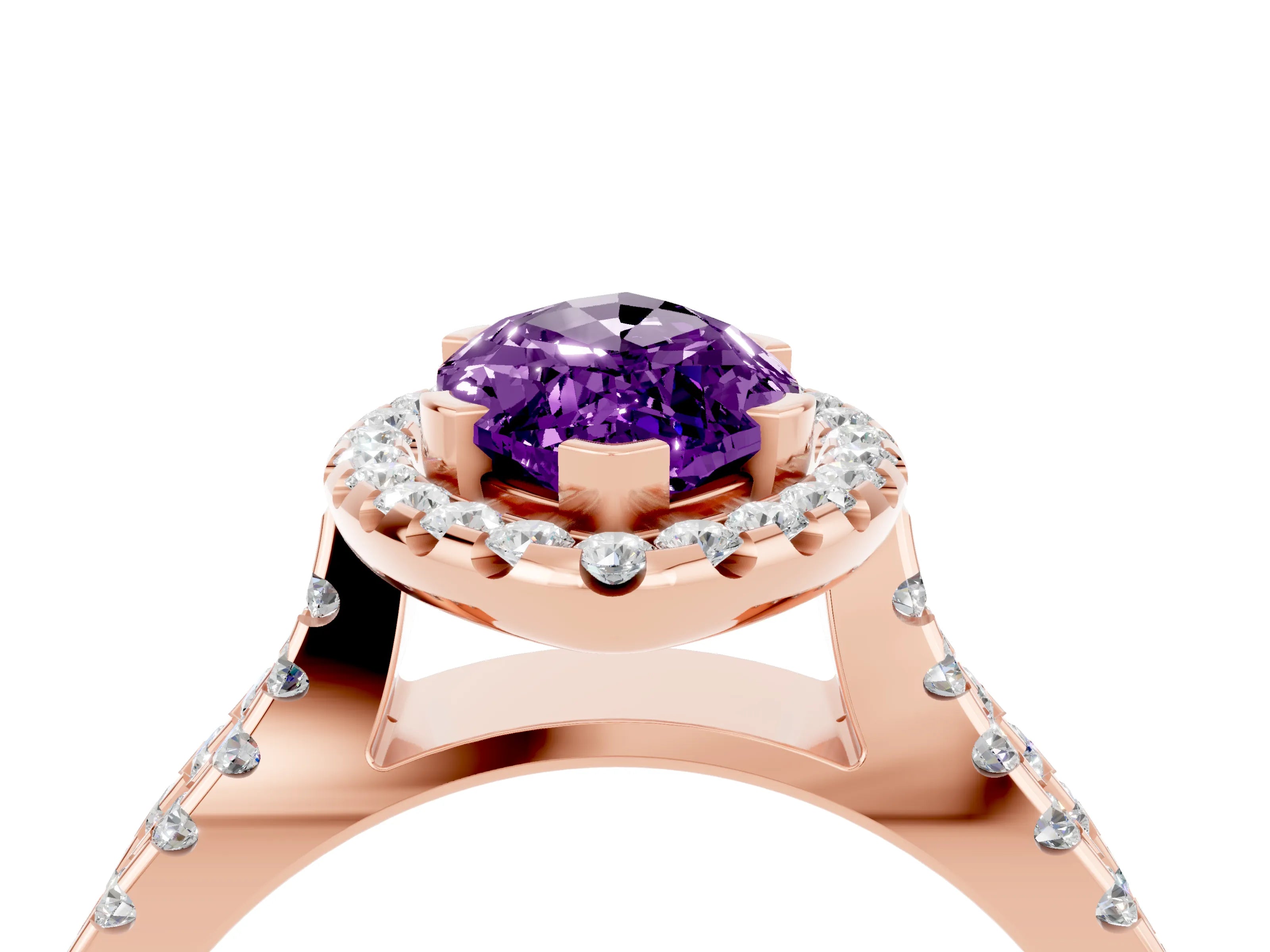 Rose gold Marquise Cut Amethyst Halo Ring with Split Shank Pavé Band and Prong Setting_4