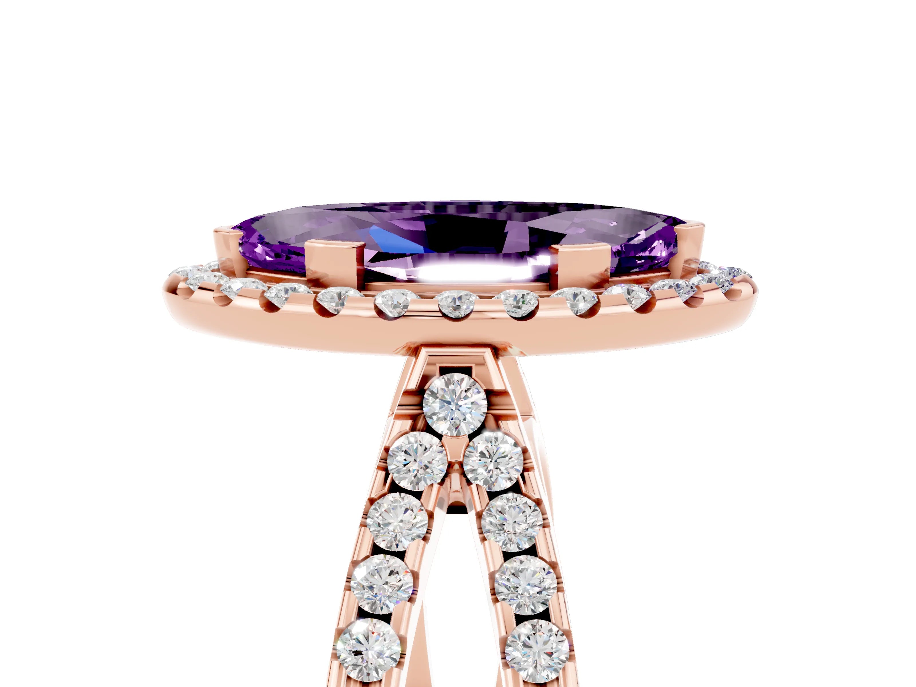 Rose gold Marquise Cut Amethyst Halo Ring with Split Shank Pavé Band and Prong Setting_5