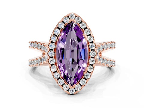 Rose gold Marquise Cut Amethyst Halo Ring with Split Shank Pavé Band and Prong Setting