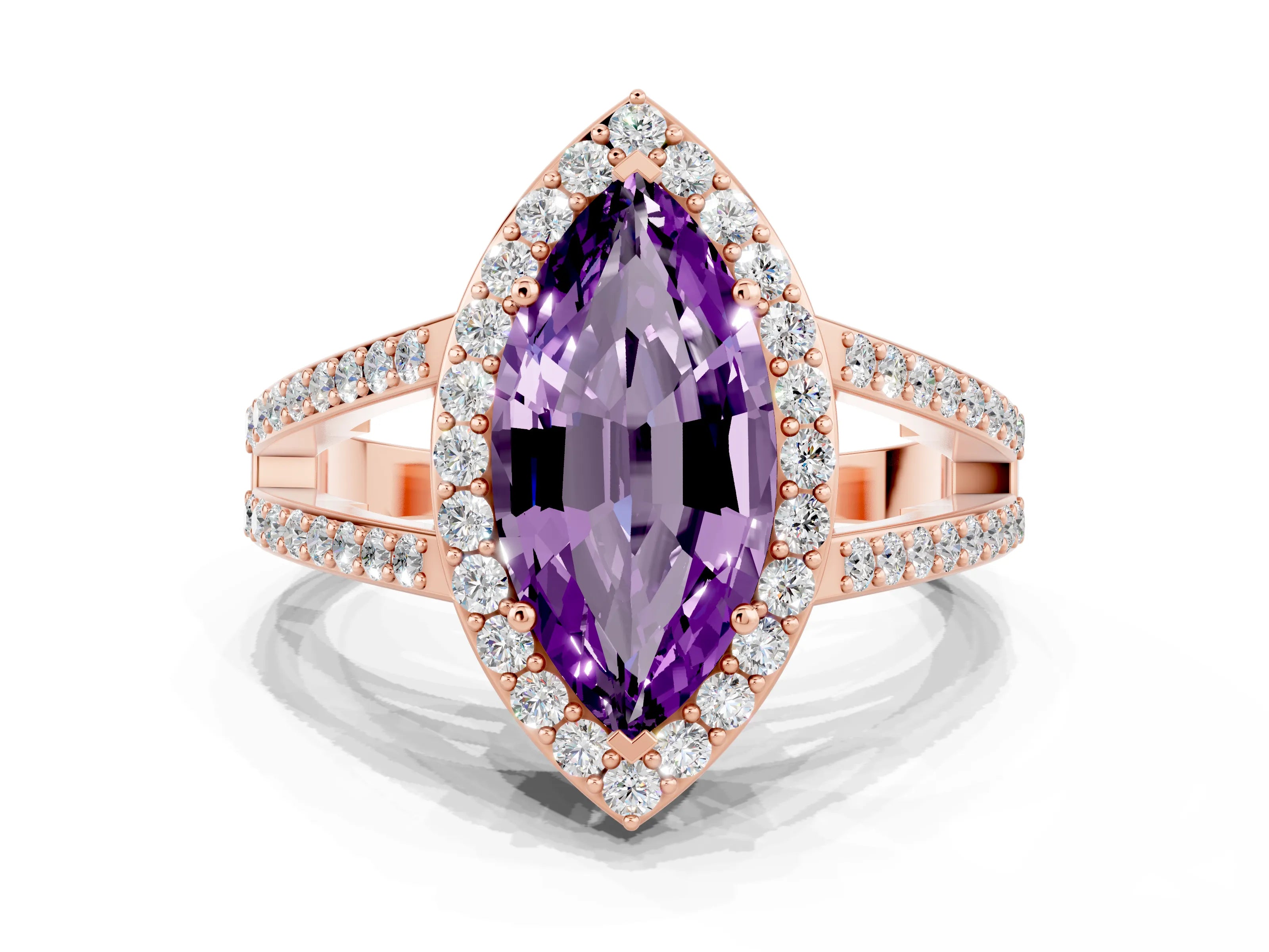 Rose gold Marquise Cut Amethyst Halo Ring with Split Shank U-Prong Band and Four-Prong Setting