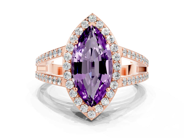 Rose gold Marquise Cut Amethyst Halo Ring with Split Shank U-Prong Band and Four-Prong Setting