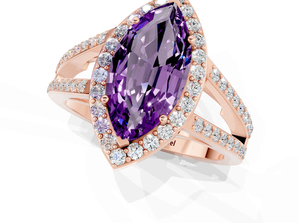 Rose gold Marquise Cut Amethyst Halo Ring with Split Shank U-Prong Band and Four-Prong Setting
