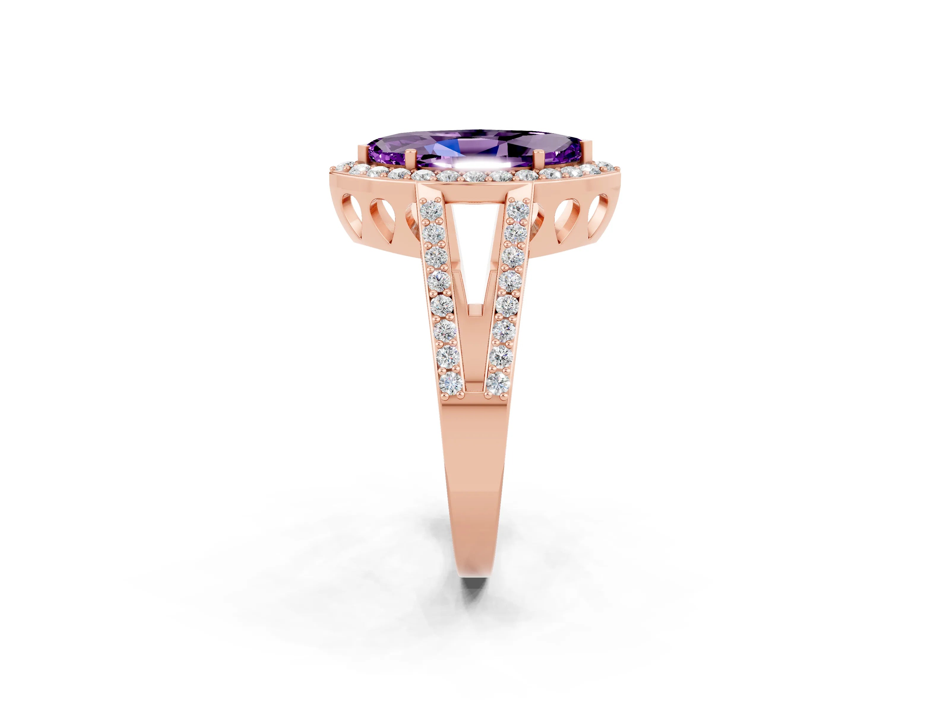 Rose gold Marquise Cut Amethyst Halo Ring with Split Shank U-Prong Band and Four-Prong Setting_2