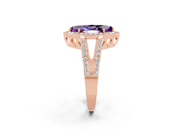 Rose gold Marquise Cut Amethyst Halo Ring with Split Shank U-Prong Band and Four-Prong Setting