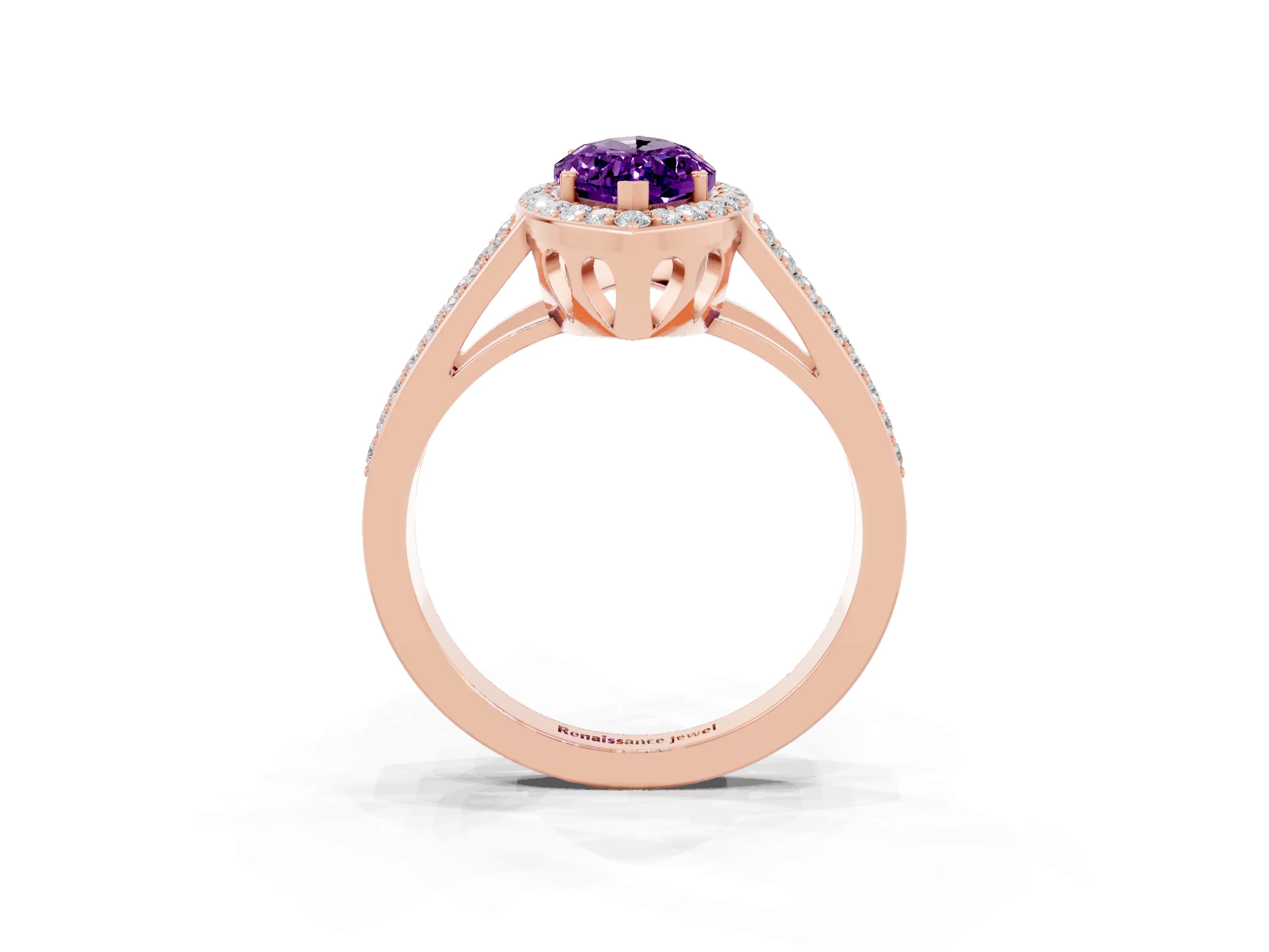Rose gold Marquise Cut Amethyst Halo Ring with Split Shank U-Prong Band and Four-Prong Setting_3