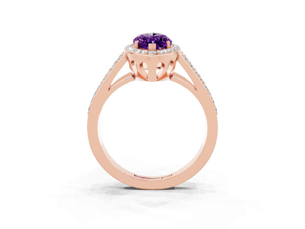 Rose gold Marquise Cut Amethyst Halo Ring with Split Shank U-Prong Band and Four-Prong Setting