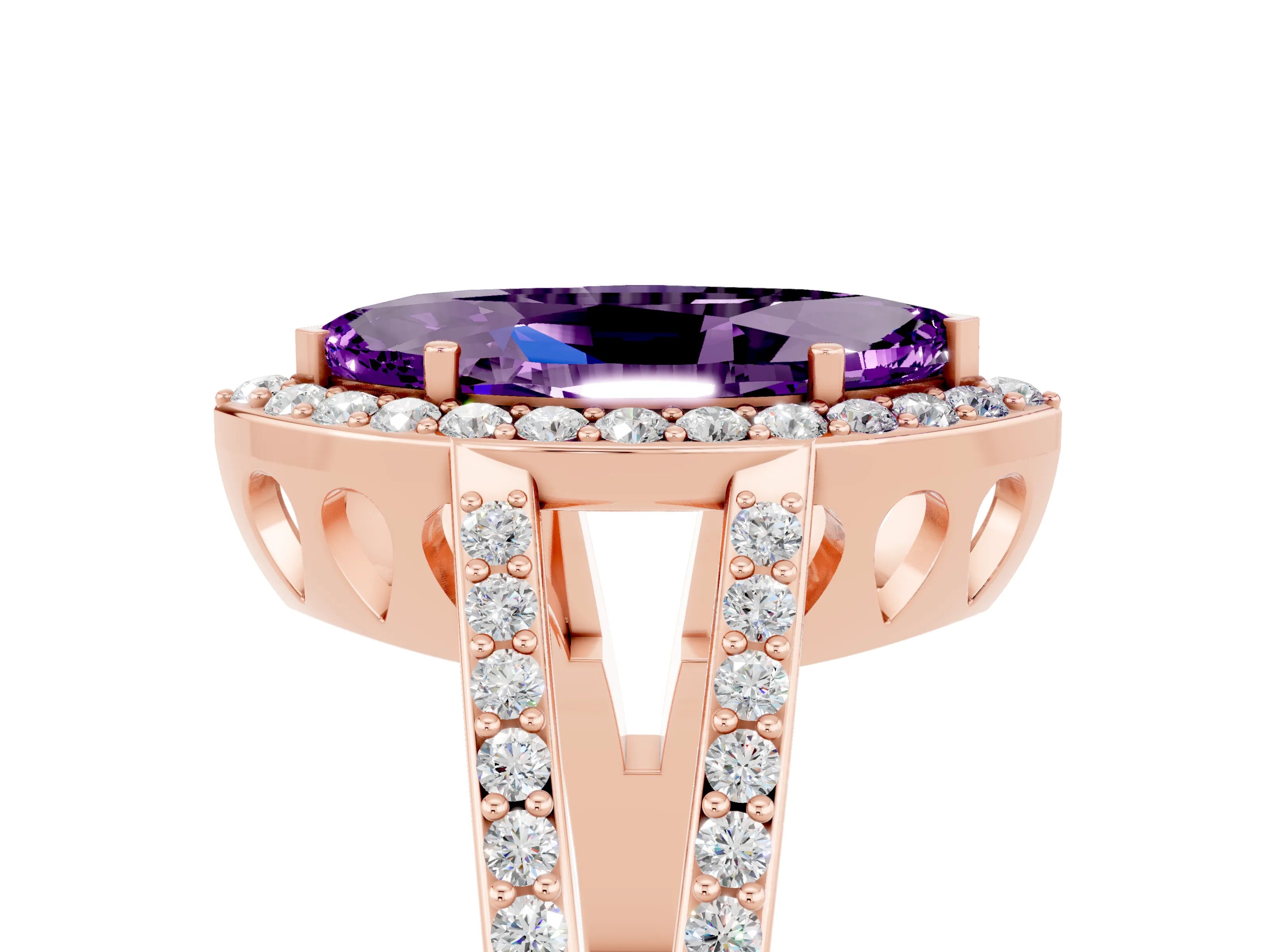 Rose gold Marquise Cut Amethyst Halo Ring with Split Shank U-Prong Band and Four-Prong Setting_5