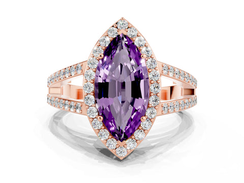Rose gold Marquise Cut Amethyst Halo Ring with Split Shank U-Prong Band and Four-Prong Setting