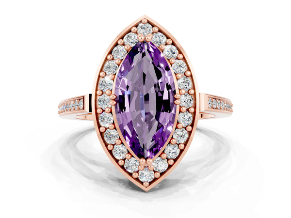 Rose gold Marquise Cut Amethyst Halo Ring with Split Shank and Four-Prong Setting